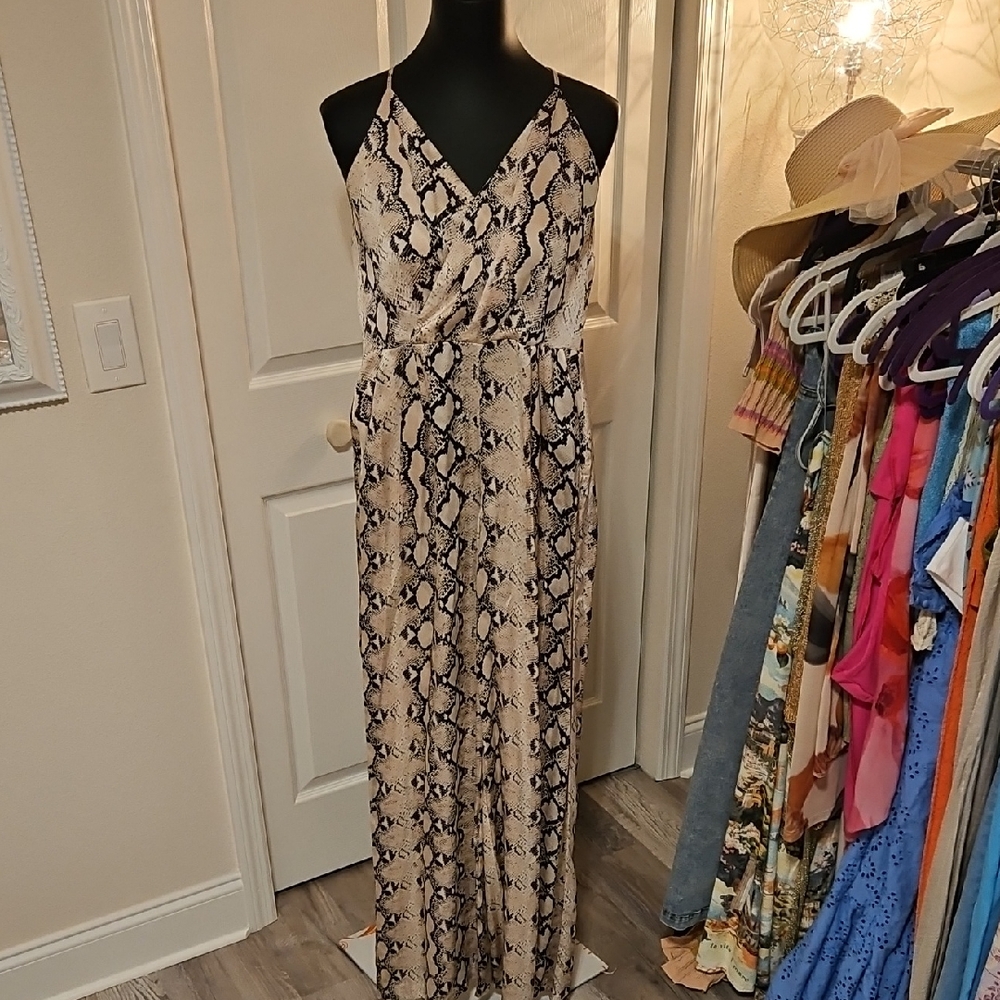 L'AGENCE Snake Print Maxi Dress in Beige and Black